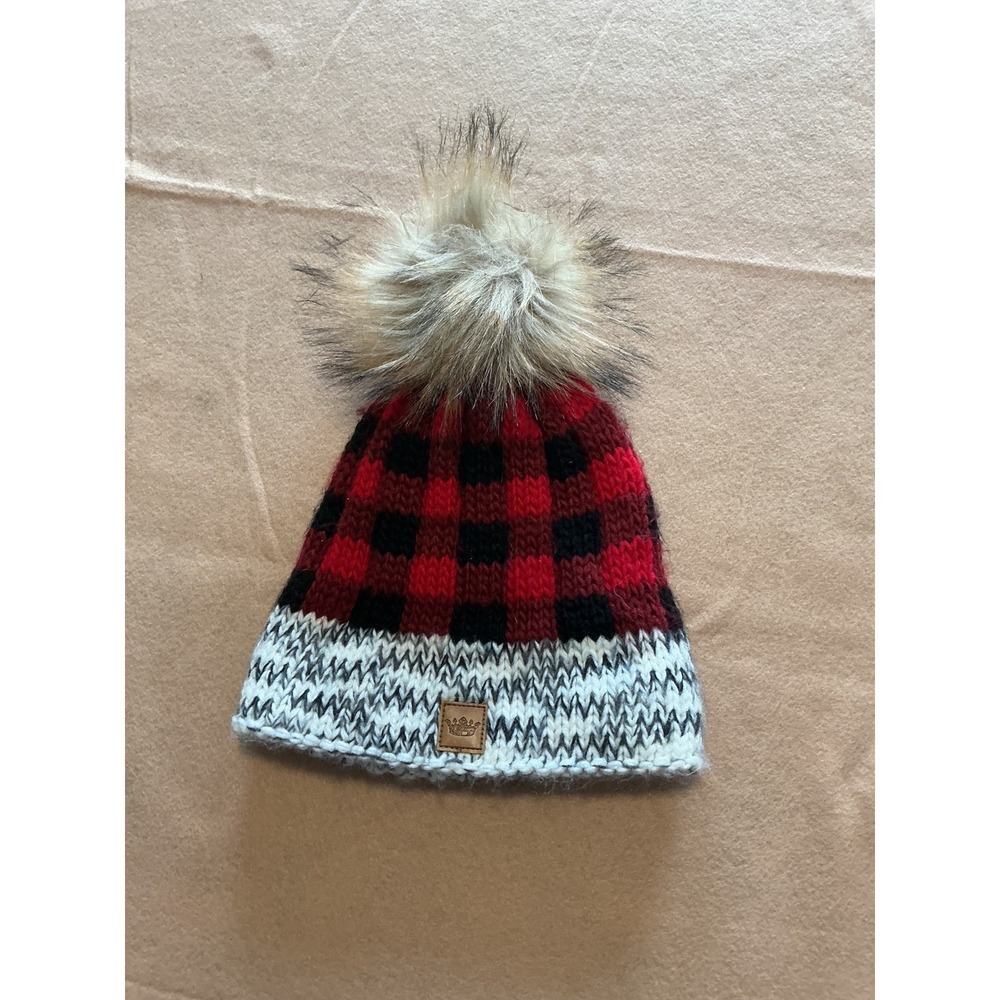 Panache Beanie Hat Womens OS Red Black Excellent Buffalo Plaid Faux Fur Pom